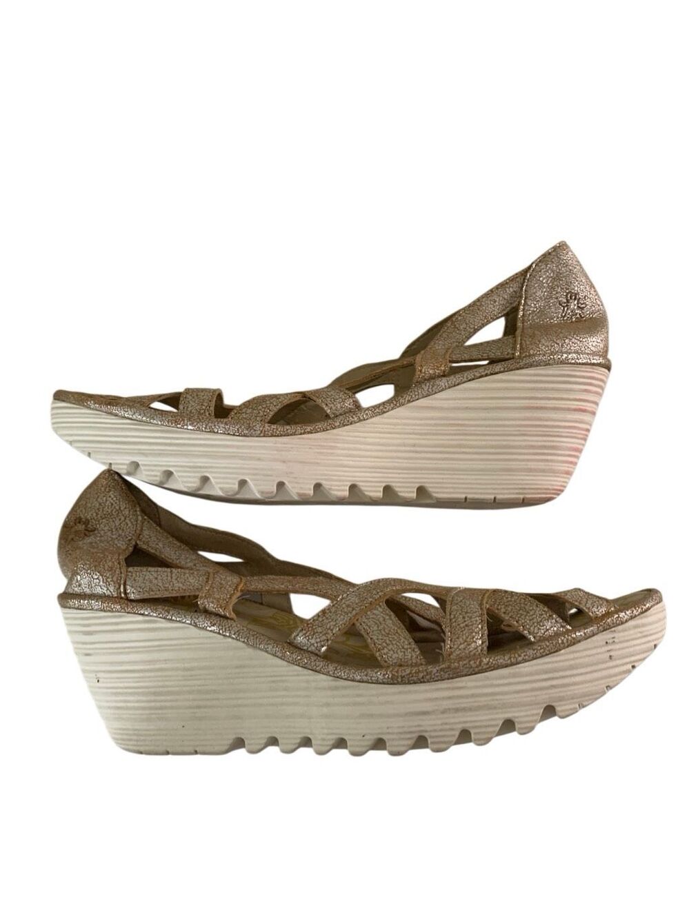 Fly London Yadi wedge sandals metallic leather women's size 41 US 10